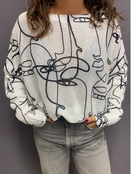 Top pull oversize imprimé visages minimalistes
