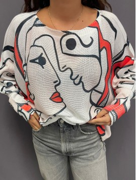 Top pull oversize imprimé visages stylisés