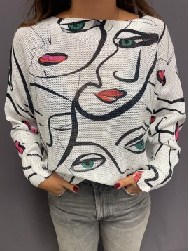 Top pull oversize imprimé visages yeux bouches