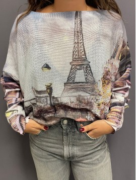 Top pull oversize imprimé Tour eiffel paysage