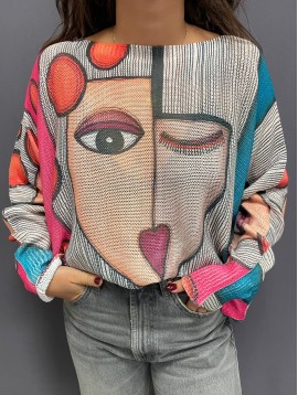 Top pull oversize imprimé visage clin d'oeil