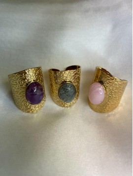 Bague Acier réglable - Grande bague effet martelé avec pierre centrale