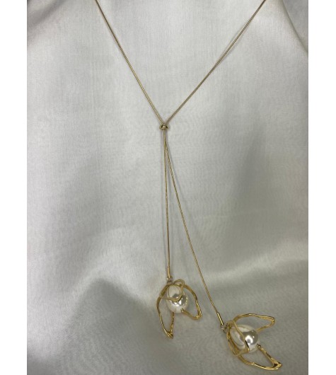 Collier long Acier-  Sautoir cravate fleur avec perle effet nacré 