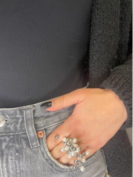 Bague Acier réglable - Jonc épais avec fleur perle