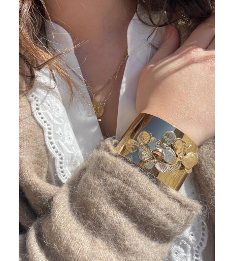 Bracelet  Acier - Manchette avec fleurs en relief