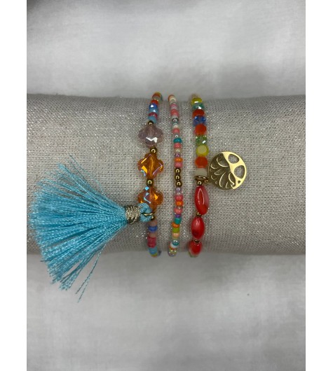 Bracelet Acier - Multirangs perles pompon et arbre de vie
