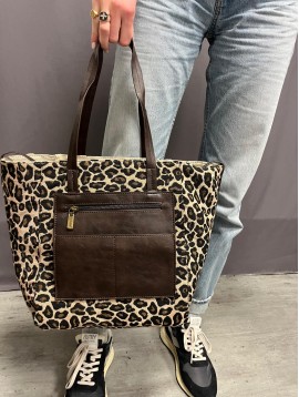 Sac cabas porté épaule effet paille léopard réversible 