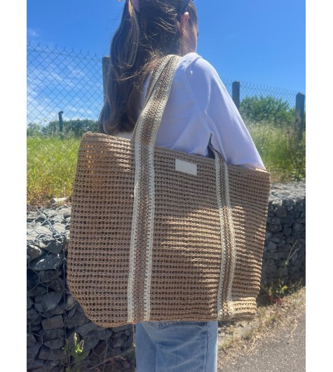 Sac cabas en paille avec 2 bandes 