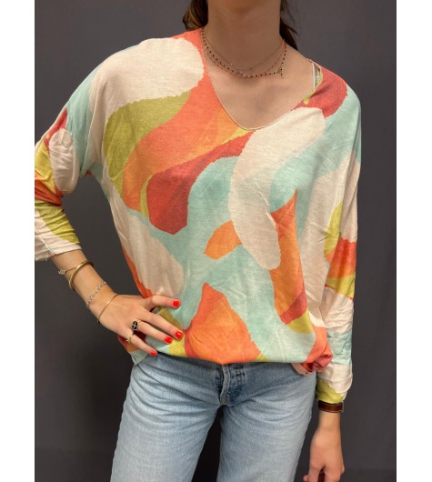 Top avec taches de couleurs et col lurex