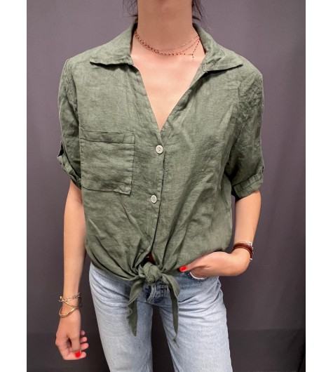Top chemise manches courtes col V avec noeud
