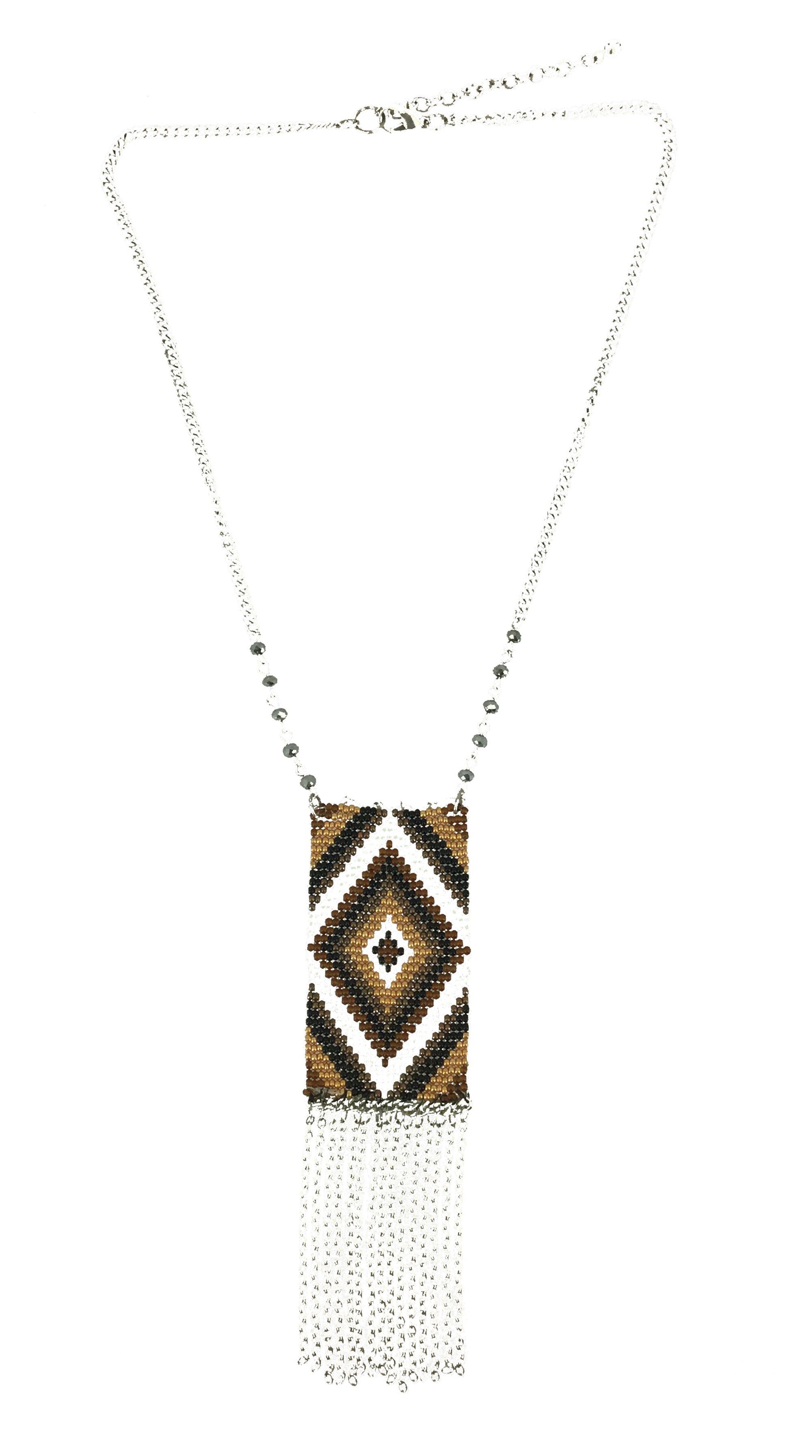Collier Long - Pendentif perles motif losanges et franges métal.