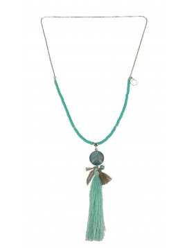 Long Necklace - Rubber beads and big stone with pompom.