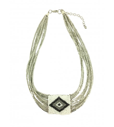 Necklace - Multi row beads chains and diamond pattern.