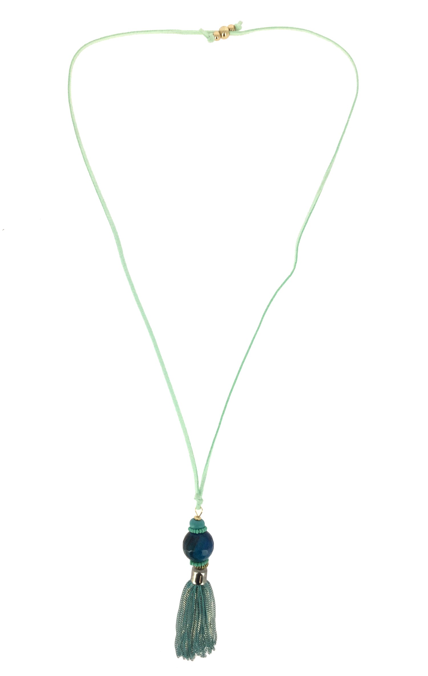 Collier Long - Cordon daim avec pompon chaînes et grosse perle.