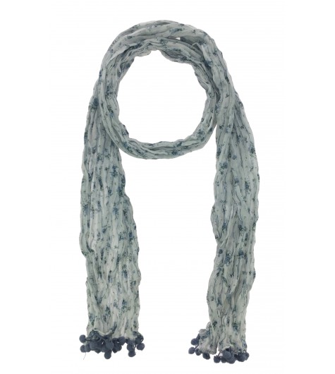 Scarf - Floral printing with round pompoms.