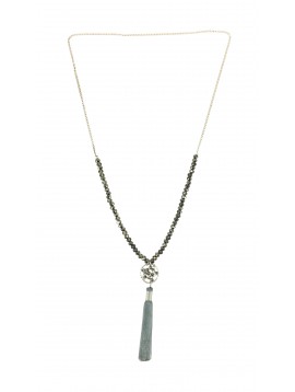 Long Necklace - Small circle with faceted beads and pompom charm.