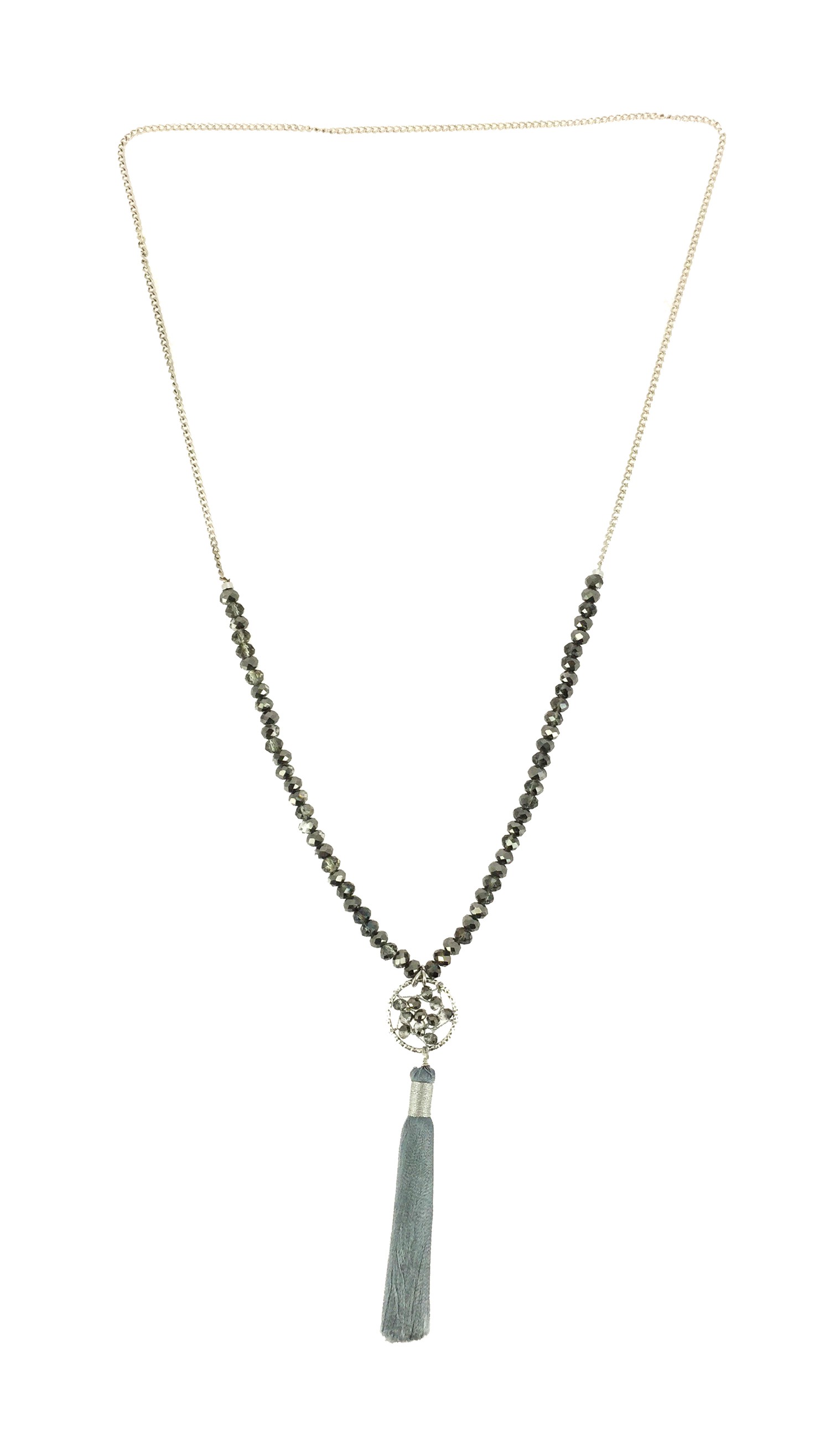 Collier Long - Petit cercle avec perles à facettes et pompon. 