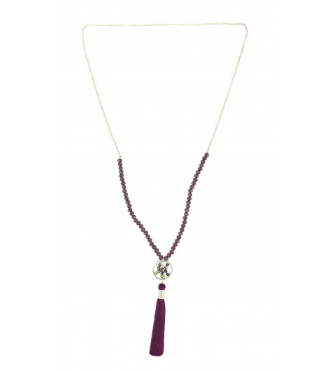 Long Necklace - Small circle with faceted beads and pompom charm.