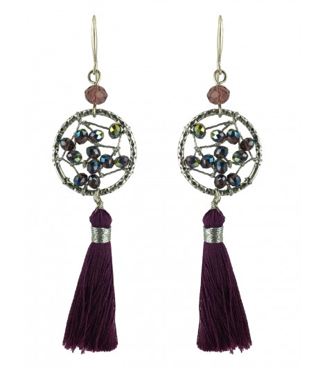 Boucles d'oreilles - Cercles avec perles et pompon.