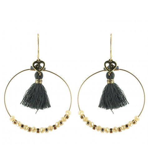 Boucles d'oreilles - Cercle avec pompons et perles à facettes.