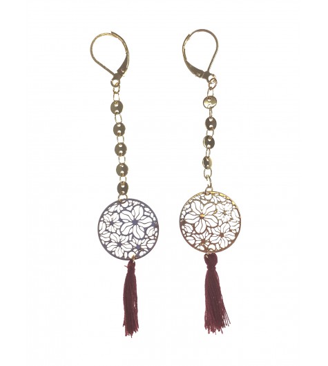 Boucles d'oreilles - Disque motif fleurs en filigrane pendante avec pompon.