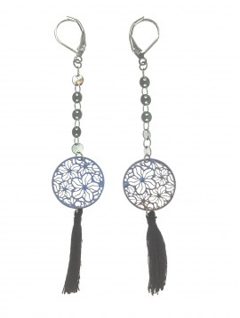 Earrings - Pendant filigree disc, flowers pattern with pompon charm.