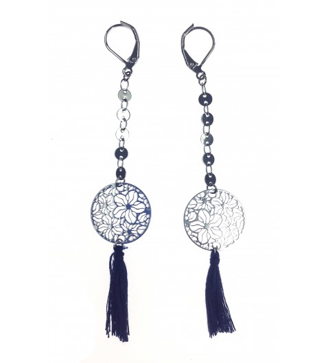 Earrings - Pendant filigree disc, flowers pattern with pompon charm.