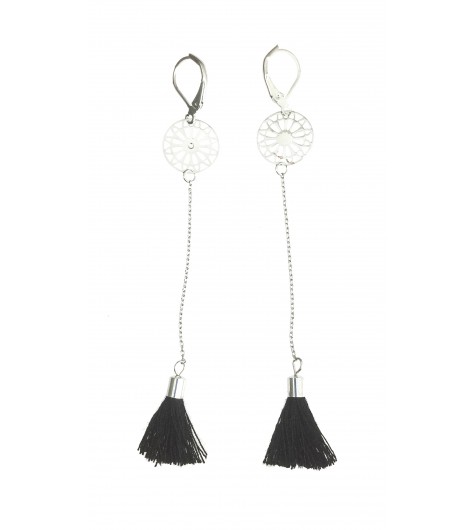 Boucles d'oreilles - Rosace pendante avec pompon.