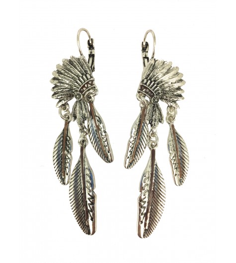 Earrings - Indian crest with metallic feathers.