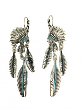 Earrings - Indian crest with metallic feathers.