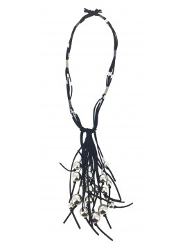 Long Necklace - Leather look with big metal beads.