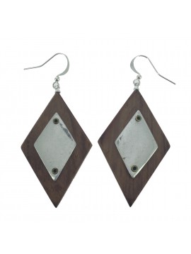 Earrings - Wooden diamonds with metallic plate decoration.