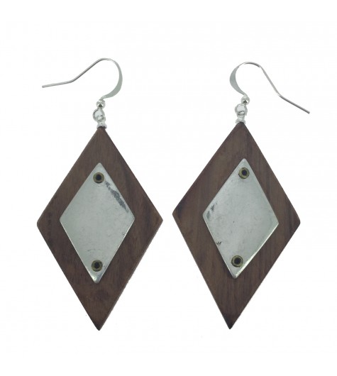 Earrings - Wooden diamonds with metallic plate decoration.