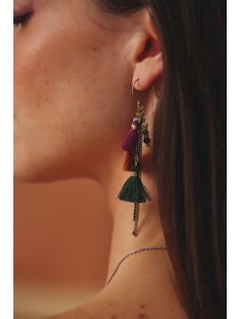 Earrings - Pompoms, thin chains and various beads.