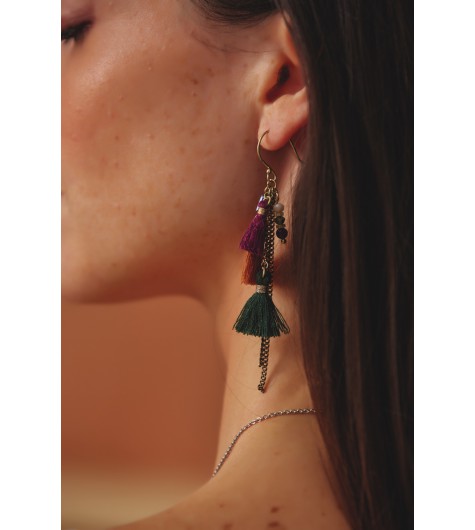 Earrings - Pompoms, thin chains and various beads.