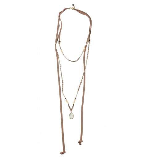 Collier Long - Lien cuir avec perle et perles