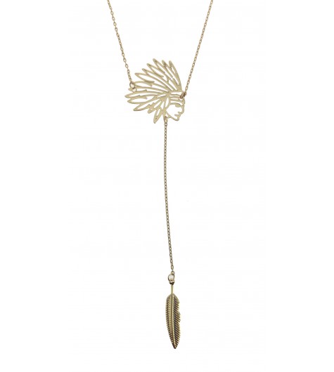 Collier Long - Tête d'indien avec plume pendante.