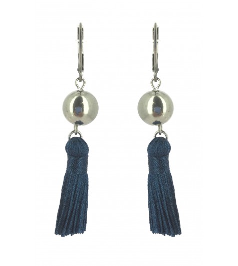 Stainless Steel Earrings - Plain color pom pom with sphere charm.