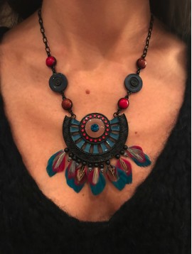 Necklace - Fan shaped with coloured feathers and gmestone charms.
