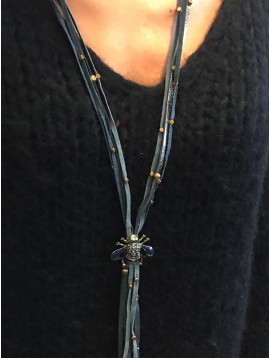 Long Necklace - Multilaces leather style with bee charm.
