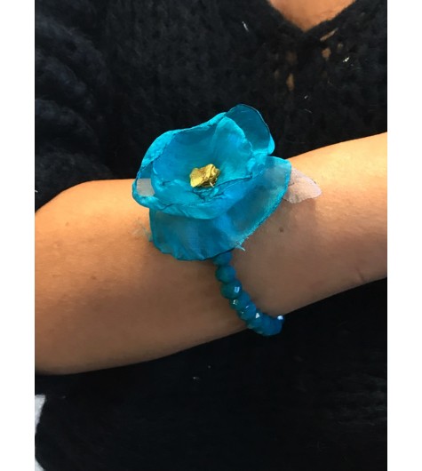 Bracelet éla - Perles grosse fleur tissu avec plumes