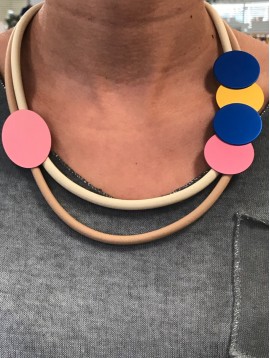 Necklace - Rubber lace with coloured metallic discs charms.