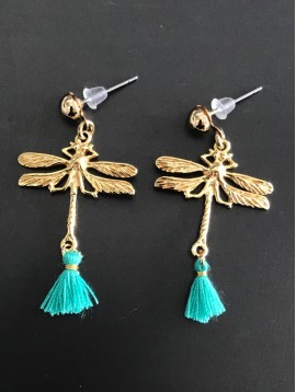 Earrings - Dragonfly charm with pom pom.