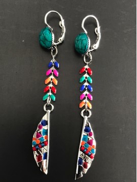 Earrings - Resin stone with pendant metallic feather with dots.
