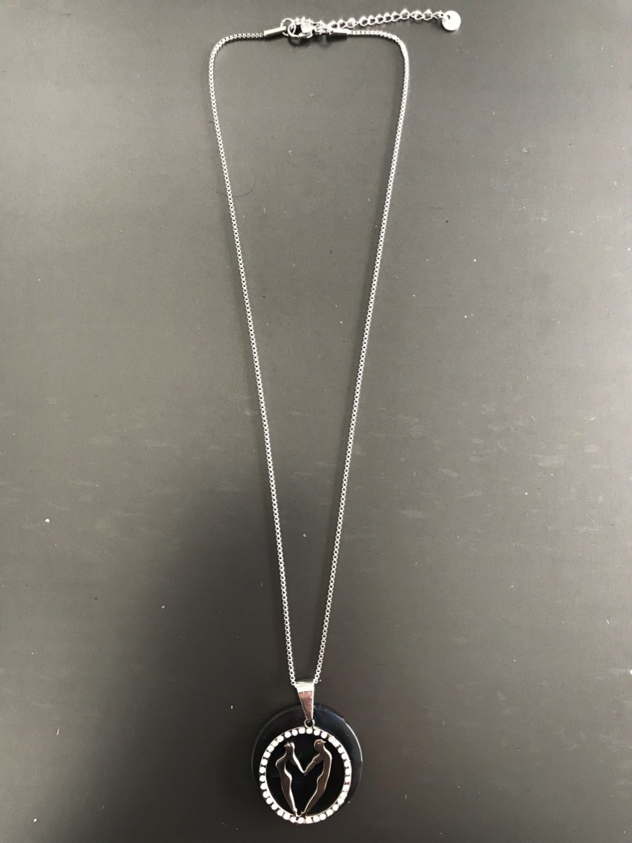 Collier Acier - Couple dans un cercle de strass sur disque résine.