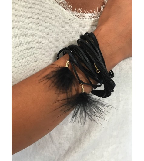 Bracelet aimant - Multirangs cordons et plumes