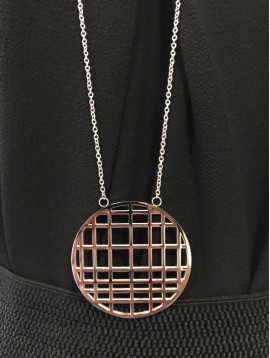 Long Stainless Steel Necklace - Chequered disc charm.