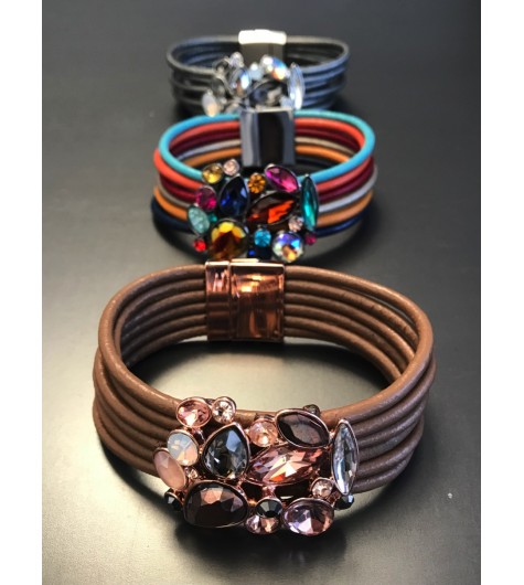 Bracelet aimant - Grappe de pierres sur multicordons cuir
