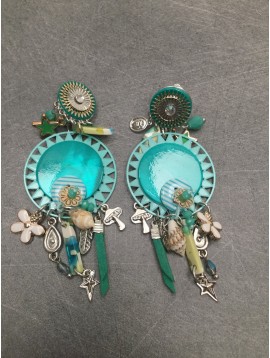 Earrings - Rose charm with various pendants beads, stars, shell and flower.
