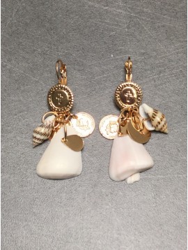 Earrings - Coin style disc charm with shells.